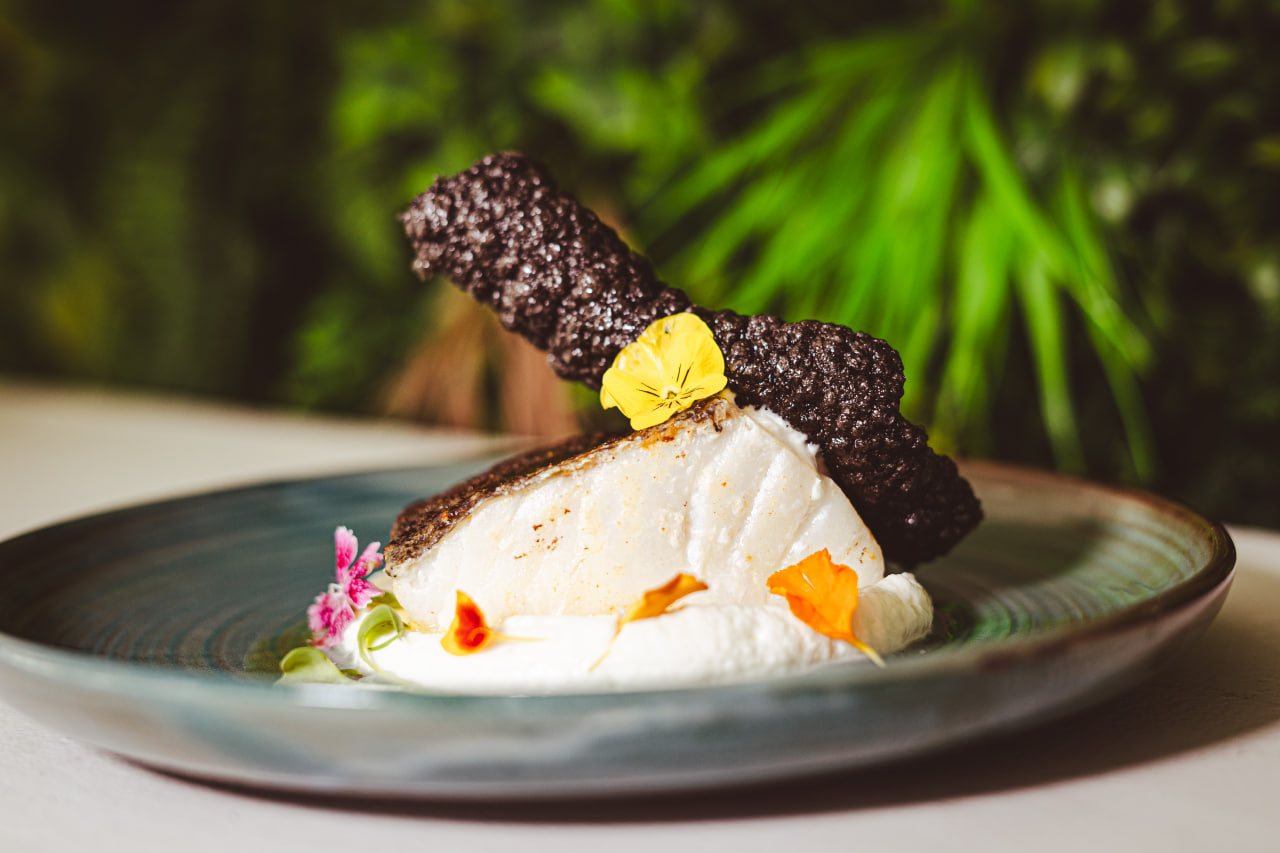 Pescado con costra negra y crema